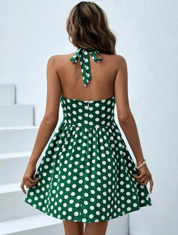 Polka Dot Print Tie Backless Halter Dress