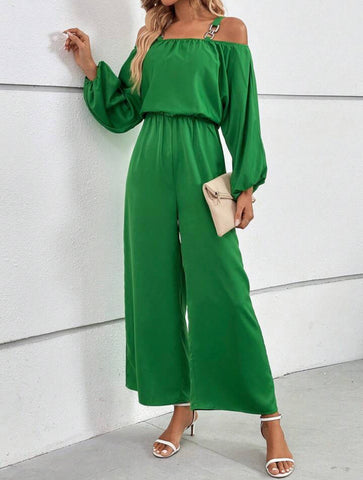Cold Shoulder Lantern Sleeve Wide Leg Jumpsuit