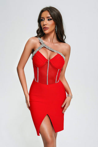 Eurien One Shoulder Diamante Mini Bandage Dress