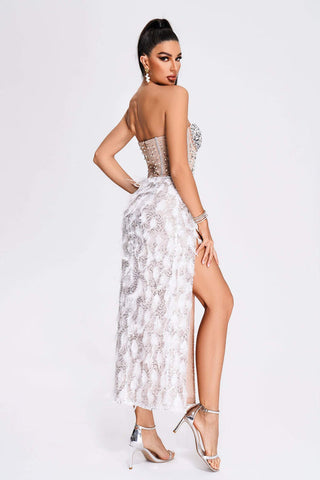 Mylie Strapless Diamonate Feather Midi Dress
