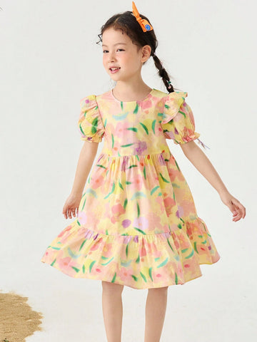 Girls' Soft Breathable Sweet Bubble Sleeve Short-Sleeve Dress