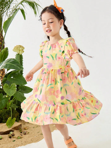 Girls' Soft Breathable Sweet Bubble Sleeve Short-Sleeve Dress