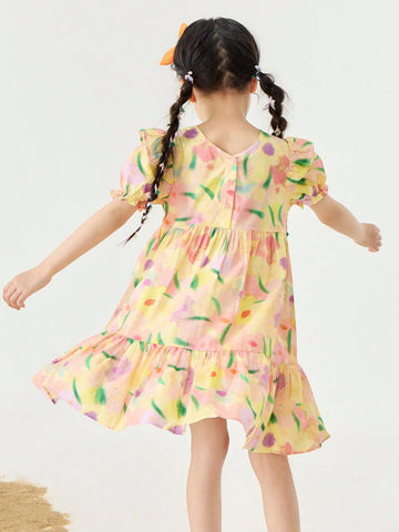 Girls' Soft Breathable Sweet Bubble Sleeve Short-Sleeve Dress