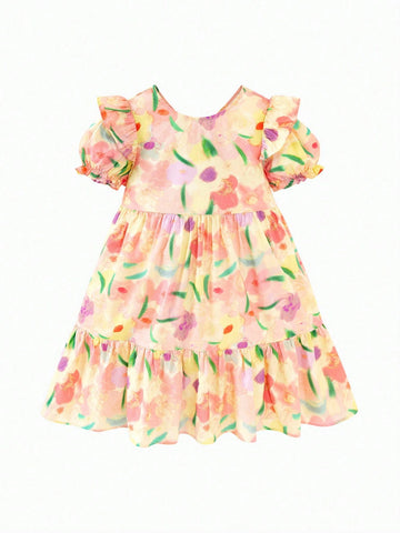 Girls' Soft Breathable Sweet Bubble Sleeve Short-Sleeve Dress