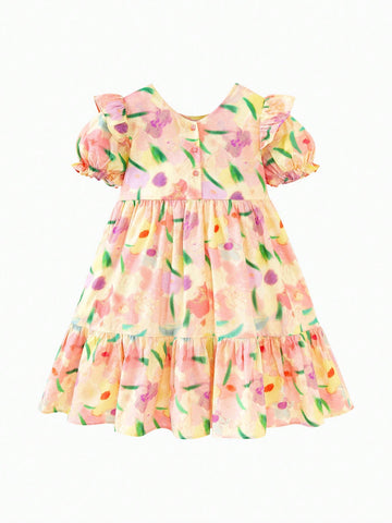 Girls' Soft Breathable Sweet Bubble Sleeve Short-Sleeve Dress