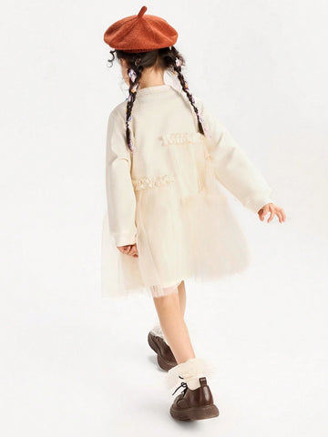 Mini Bala Girls' Loose-Fit Princess Dress, Sweet Spring Mesh Stitch Outfit