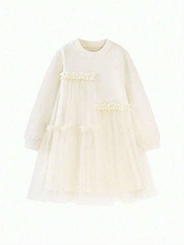 Mini Bala Girls' Loose-Fit Princess Dress, Sweet Spring Mesh Stitch Outfit