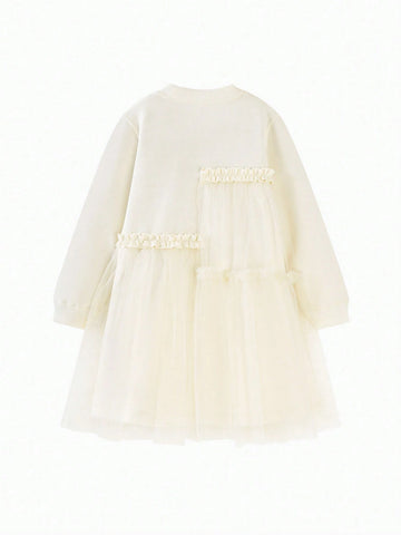 Mini Bala Girls' Loose-Fit Princess Dress, Sweet Spring Mesh Stitch Outfit