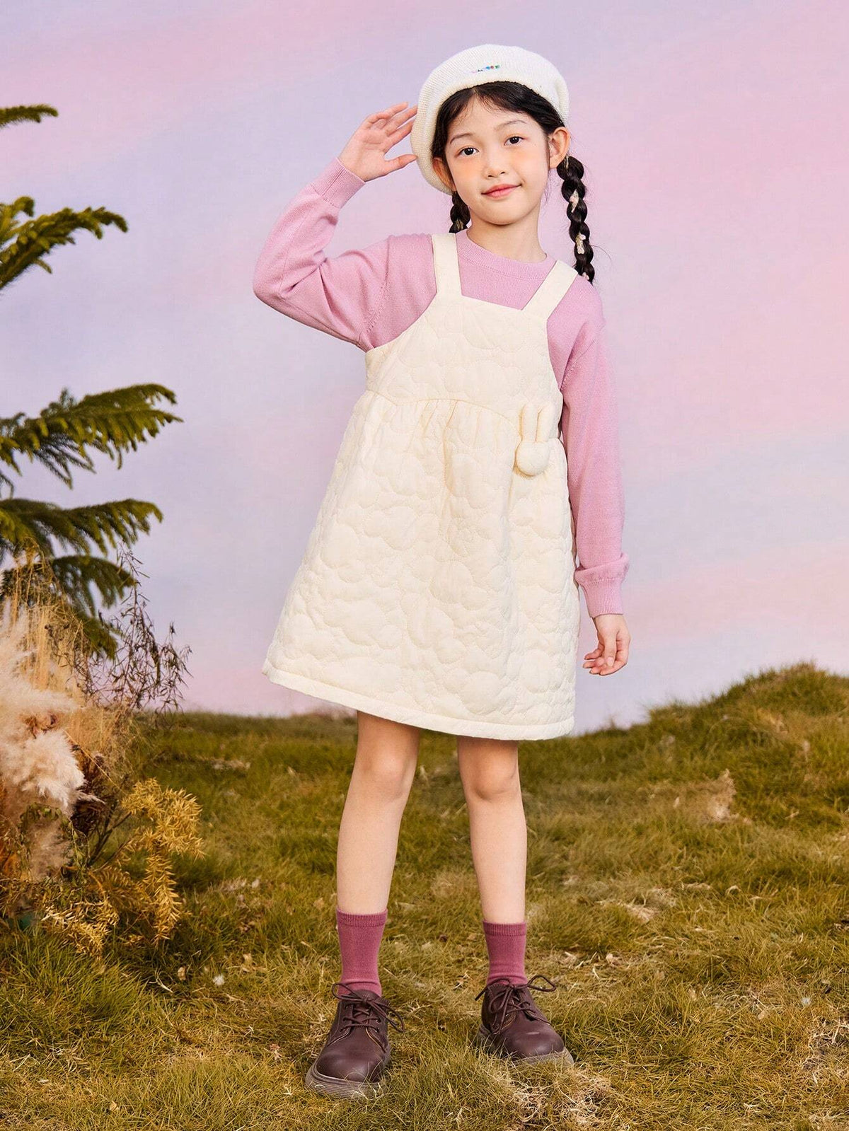 Mini Bala Girls' Padded Suspender Dress Comfortable Sweet Layered Look For Winter 2024