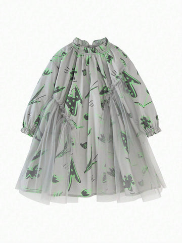 Mini Bala Girls' Princess Dress, Sweet Mesh Stitch Dragon Year Party Dress