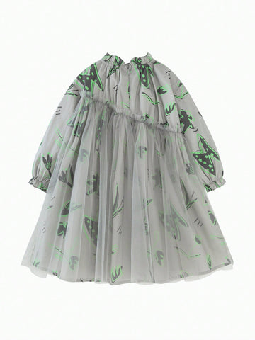 Mini Bala Girls' Princess Dress, Sweet Mesh Stitch Dragon Year Party Dress