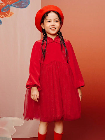 Mini Bala Girls' Velvet Mesh Dress, New Chinese Style Spring Wear