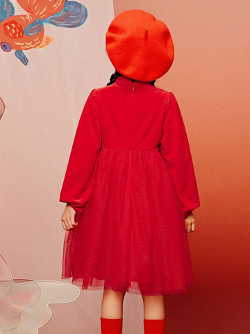 Mini Bala Girls' Velvet Mesh Dress, New Chinese Style Spring Wear