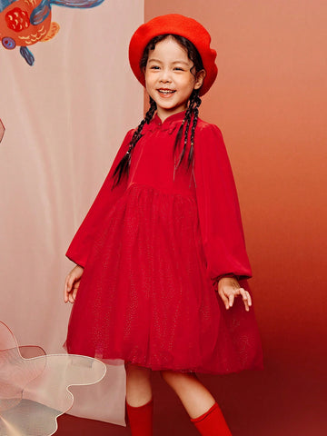 Mini Bala Girls' Velvet Mesh Dress, New Chinese Style Spring Wear