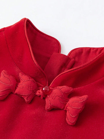 Mini Bala Girls' Velvet Mesh Dress, New Chinese Style Spring Wear