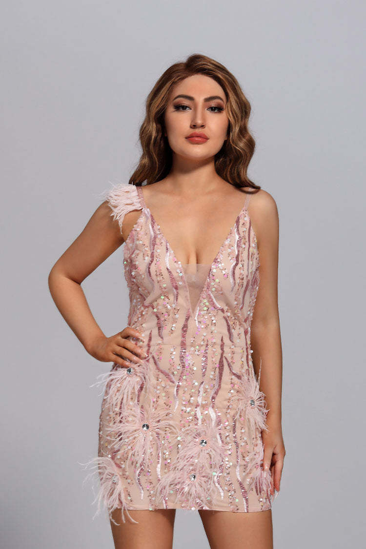 Camila Pink Feather Diamante Dress