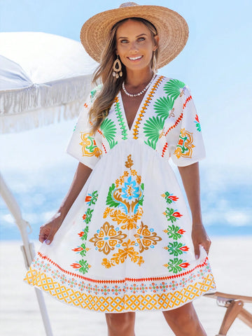 popvil Boho Tropical Floral Print Deep V-Neck Dress Holiday Casual Mini Dress