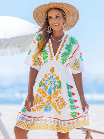 popvil Boho Tropical Floral Print Deep V-Neck Dress Holiday Casual Mini Dress