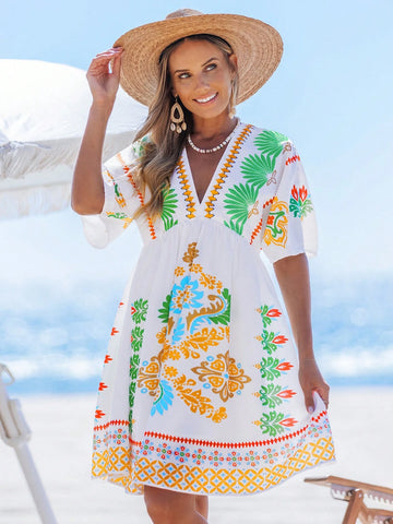 popvil Boho Tropical Floral Print Deep V-Neck Dress Holiday Casual Mini Dress
