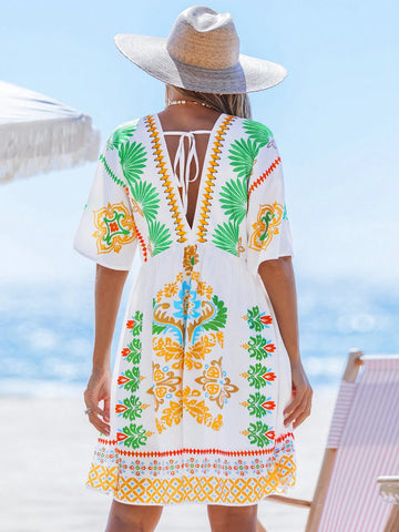 popvil Boho Tropical Floral Print Deep V-Neck Dress Holiday Casual Mini Dress