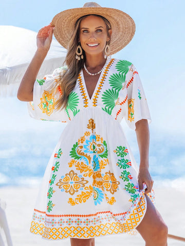 popvil Boho Tropical Floral Print Deep V-Neck Dress Holiday Casual Mini Dress