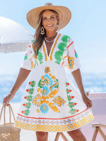 popvil Boho Tropical Floral Print Deep V-Neck Dress Holiday Casual Mini Dress