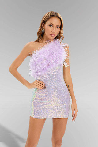 Aubrey Purple Feather Sequin Mini Dress