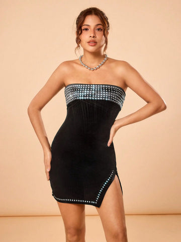 shy_girl Black Velvet Rhinestone Hotfix Satin Fold Over Mini Dress