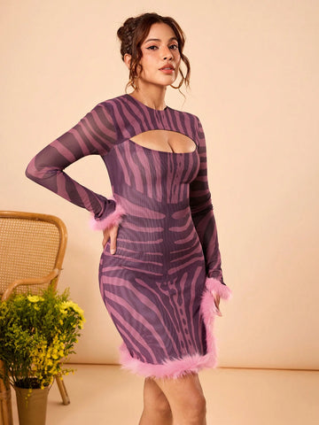 shy_girl Multi-Color Sheer Mesh Zebra Printed Cut Out Long Sleeve Split With Fur Fit Sexy Mini Dress