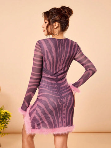shy_girl Multi-Color Sheer Mesh Zebra Printed Cut Out Long Sleeve Split With Fur Fit Sexy Mini Dress
