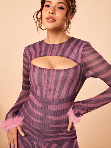 shy_girl Multi-Color Sheer Mesh Zebra Printed Cut Out Long Sleeve Split With Fur Fit Sexy Mini Dress
