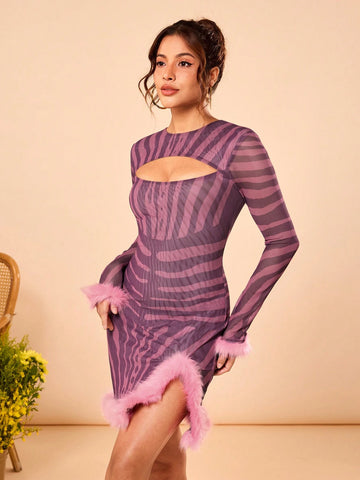 shy_girl Multi-Color Sheer Mesh Zebra Printed Cut Out Long Sleeve Split With Fur Fit Sexy Mini Dress