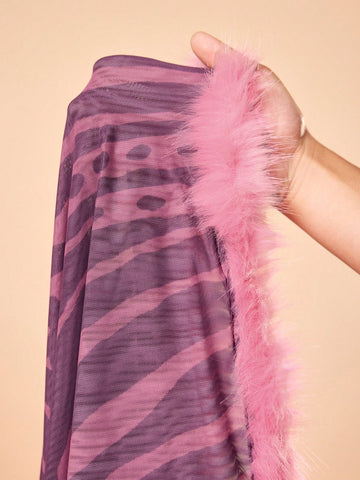 shy_girl Multi-Color Sheer Mesh Zebra Printed Cut Out Long Sleeve Split With Fur Fit Sexy Mini Dress