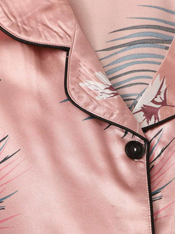 7pcs Crane & Tropical Print Satin Pajama Set