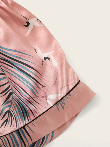 7pcs Crane & Tropical Print Satin Pajama Set