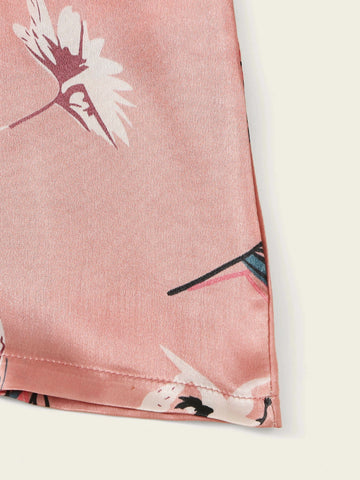 7pcs Crane & Tropical Print Satin Pajama Set