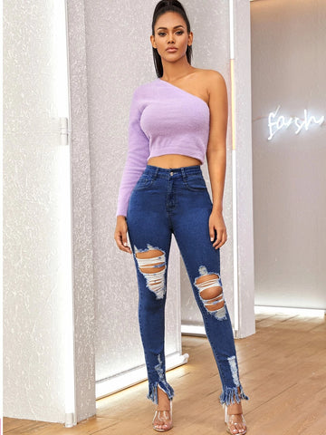Cut Out Ripped Frayed Hem Skinny Jeans