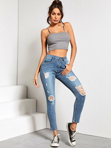 High Waist High Stretch Slant Pocket Skinny Jeans