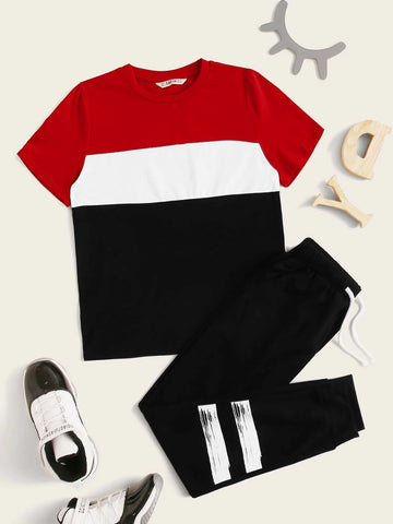 Boys Color Block Tee and Drawstring Waist Joggers Set
