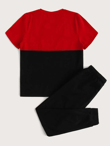 Boys Color Block Tee and Drawstring Waist Joggers Set