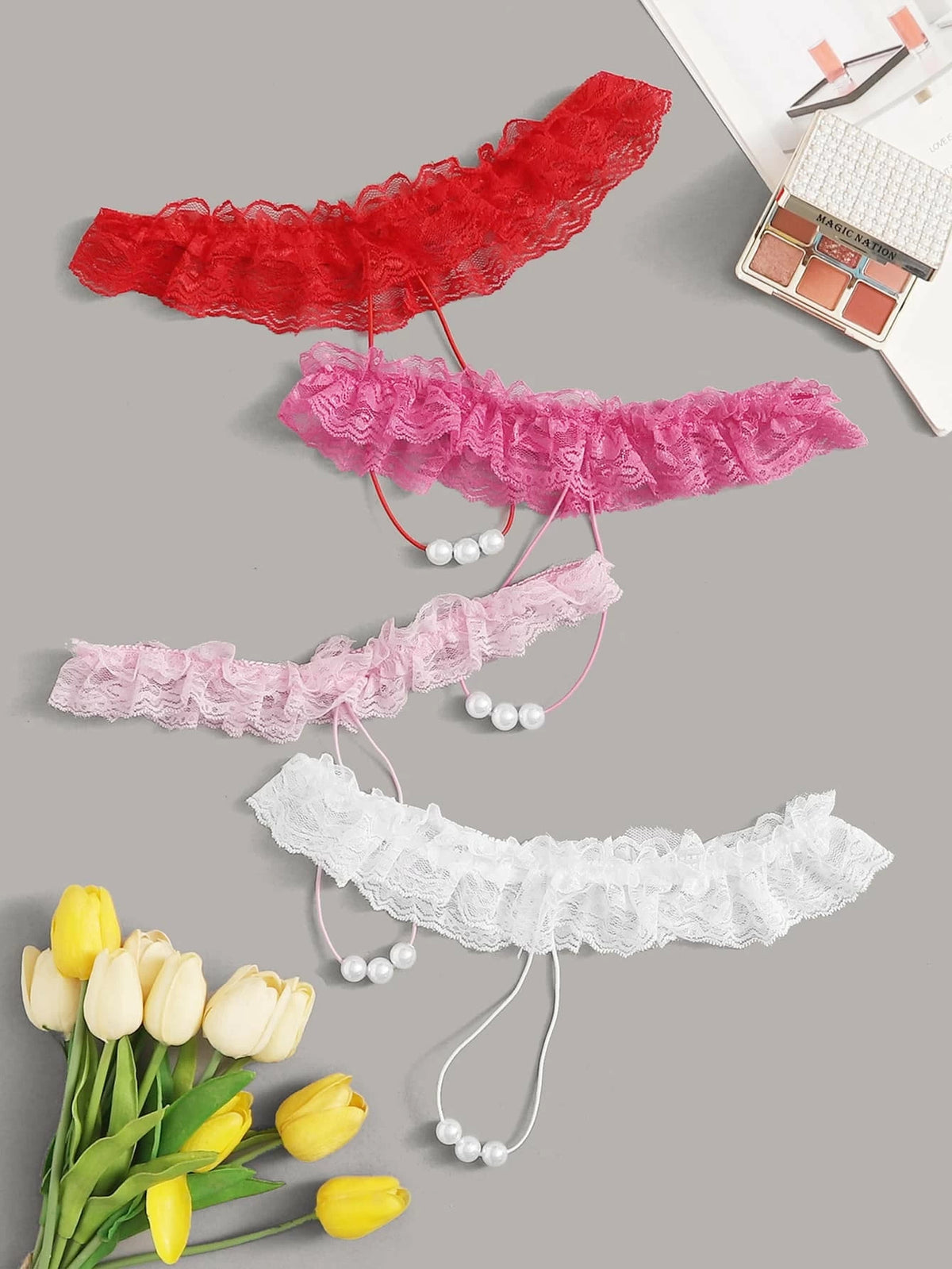4pack Faux Pearl Ruffle Lace Panty Set