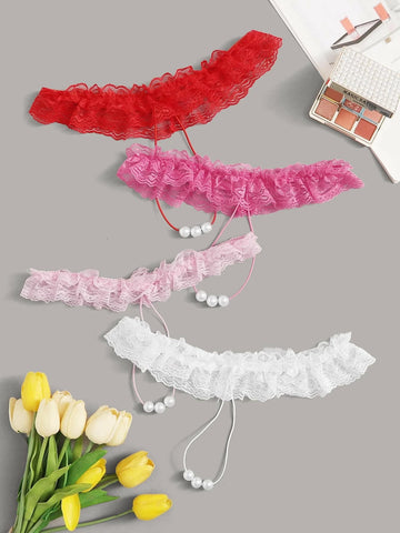 4pack Faux Pearl Ruffle Lace Panty Set