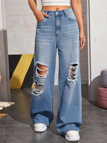 Bleach Wash High-Rise Wide Leg Jeans