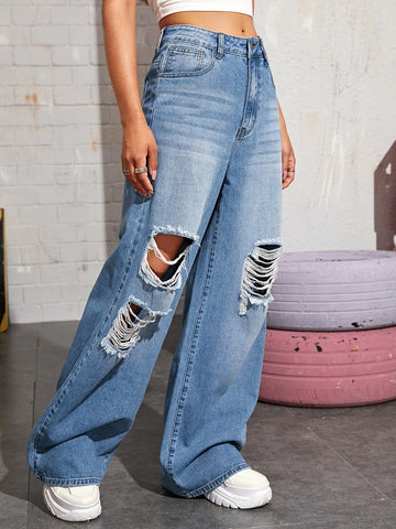Bleach Wash High-Rise Wide Leg Jeans