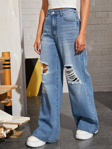Bleach Wash High-Rise Wide Leg Jeans