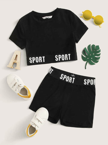 Girls Letter Tape Detail Tee and Biker Shorts Set