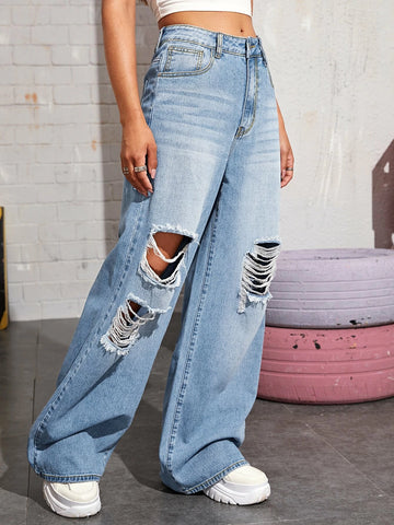 Bleach Wash High-Rise Wide Leg Jeans