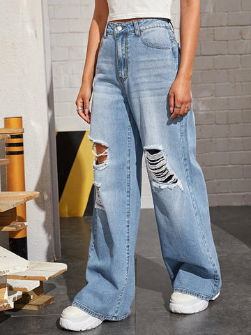Bleach Wash High-Rise Wide Leg Jeans