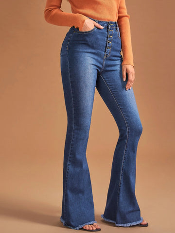 High Waist Button Front Flare Leg Jeans