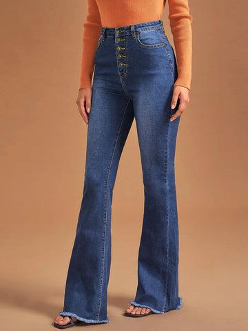 High Waist Button Front Flare Leg Jeans